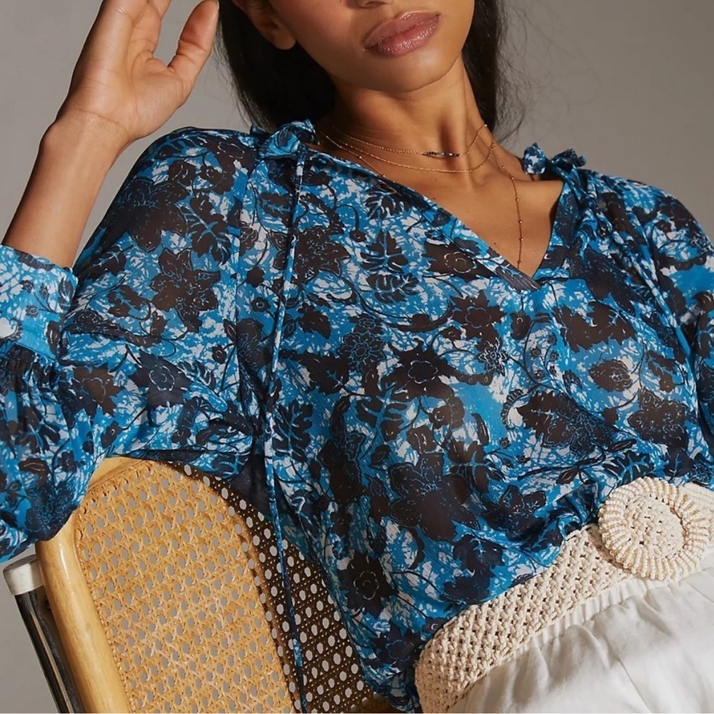 Anthropologie Sheer Printed Peasant Blouse in Blue Motif